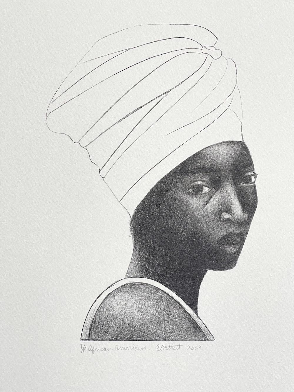 Elizabeth Catlett Figurative Print - AFRICAN AMERICAN WOMAN(Turban), Hand Drawn Lithograph, Black Female Portrait