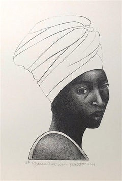 AFRIKANISCHE AMERIKANERIN (Turban):: handgezeichnete Lithographie:: schwarzes weibliches Porträt