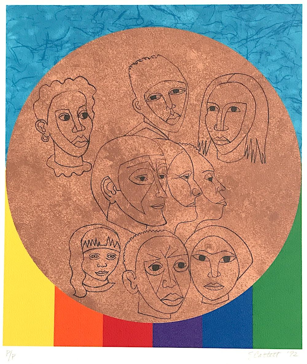 ALL THE PEOPLE, signierte Lithographie, „For My People-Margaret Walker“, Regenbogen Gesichter – Print von Elizabeth Catlett