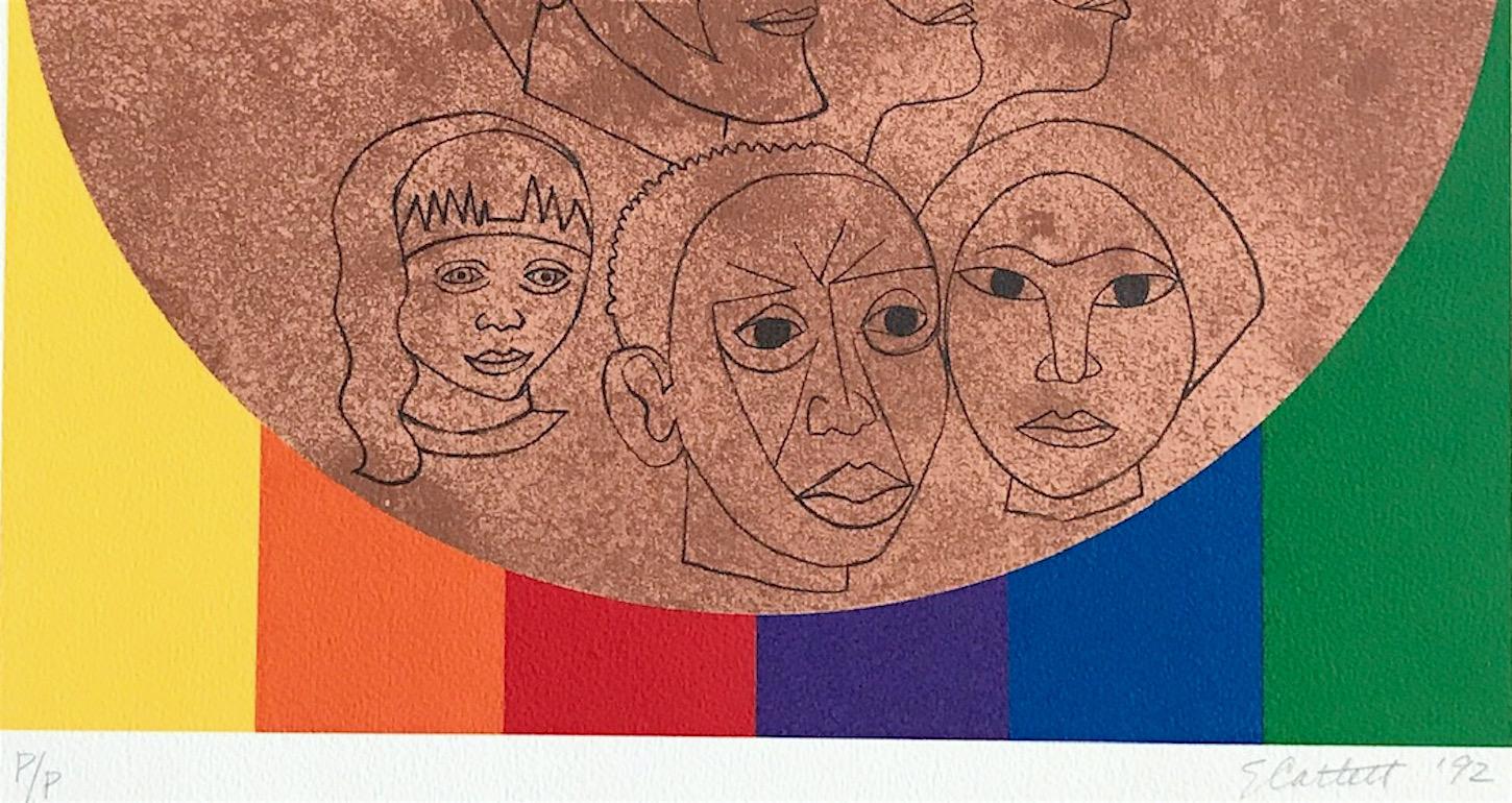 ALL THE PEOPLE, signierte Lithographie, „For My People-Margaret Walker“, Regenbogen Gesichter (Beige), Abstract Print, von Elizabeth Catlett