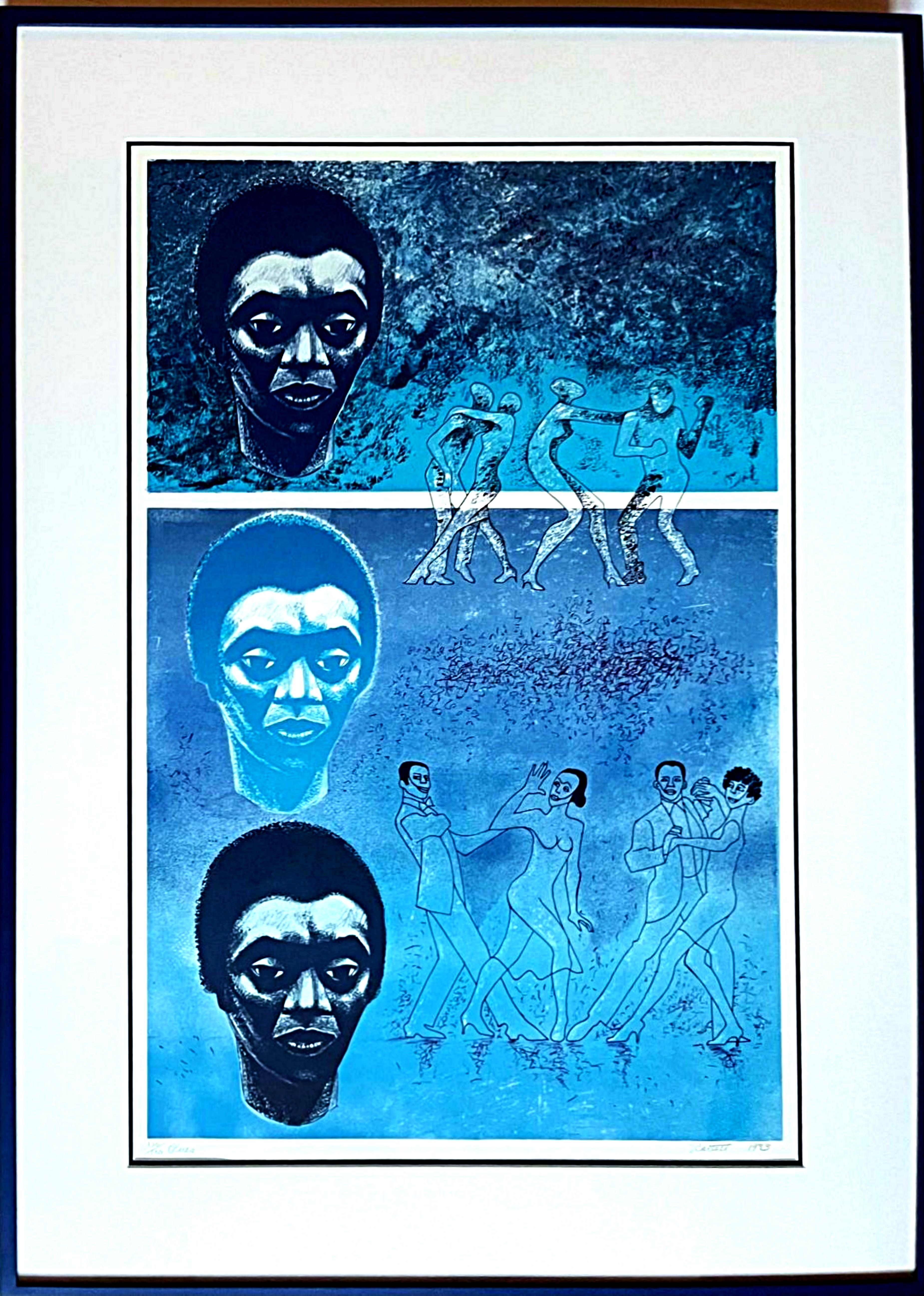 Blues, bedeutende signierte/N-Lithographie des renommierten afroamerikanischen Künstlers Gerahmt