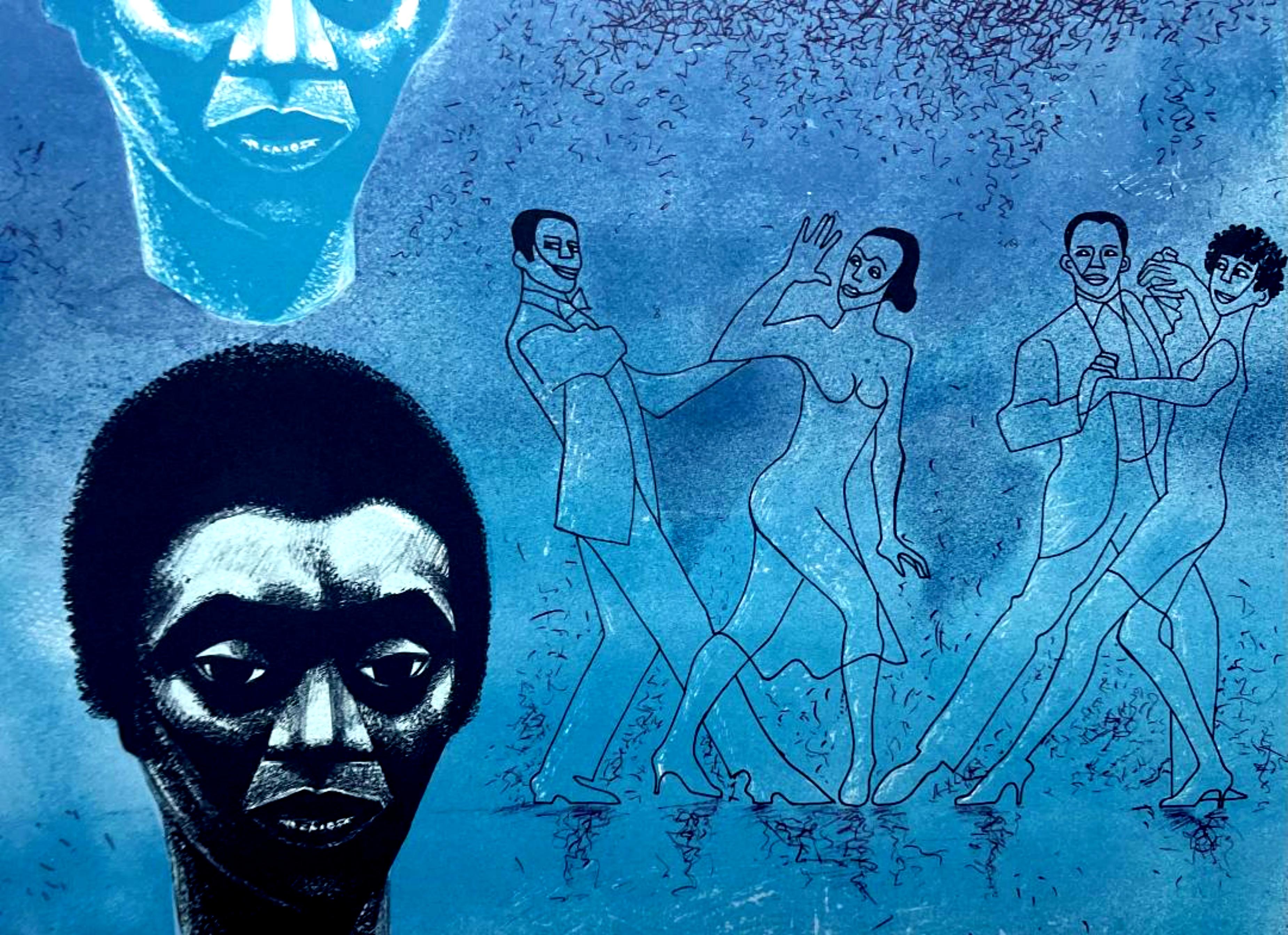 Blues, litografía firmada/N de edición limitada, afamado artista afroamericano Enmarcado - Print Abstracto de Elizabeth Catlett