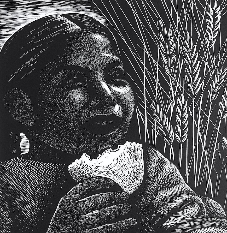 PAN (Derecho Alimentarse) Linograbado firmado, Niña mexicana con el pelo trenzado - Print Contemporáneo de Elizabeth Catlett