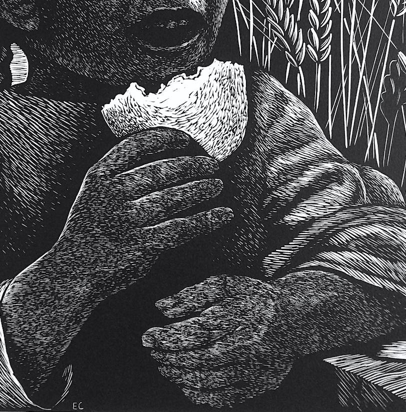 PAN (Derecho Alimentarse) Linograbado firmado, Niña mexicana con el pelo trenzado - Figurative Print Negro de Elizabeth Catlett