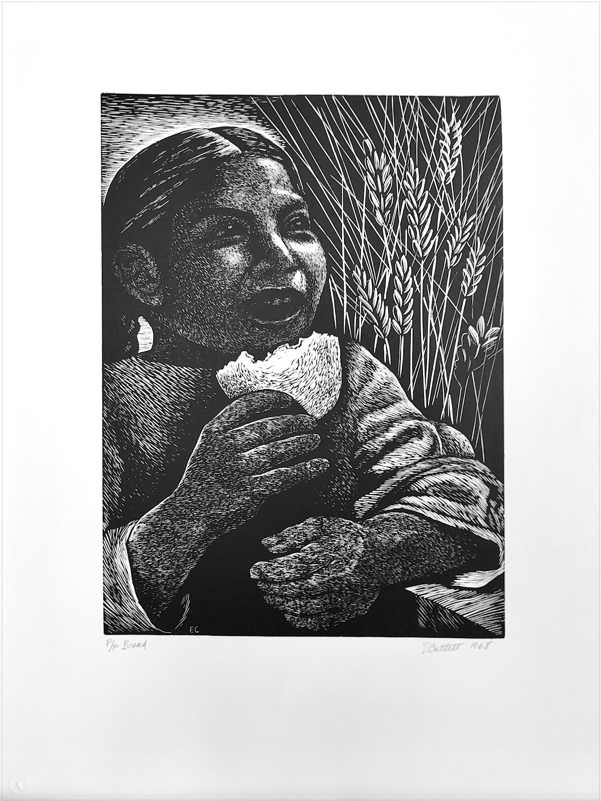 BREAD (Derecho Alimentarse) Signed Linocut, Mexican Girl with Braided Hair