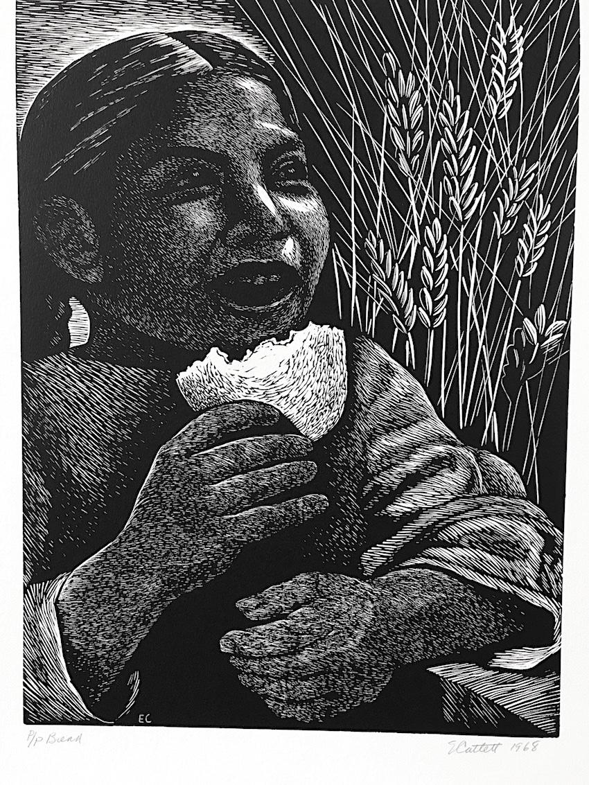 BREAD (Derecho Alimentarse) Signed Linocut, Mexican Girl with Braided Hair - Print by Elizabeth Catlett