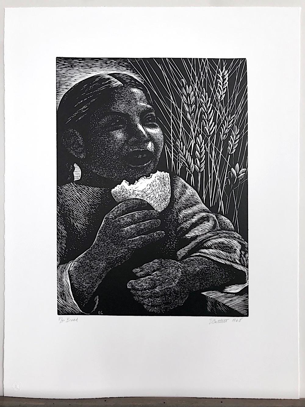 PAN (Derecho Alimentarse) Linograbado firmado, Niña mexicana con el pelo trenzado en venta 3