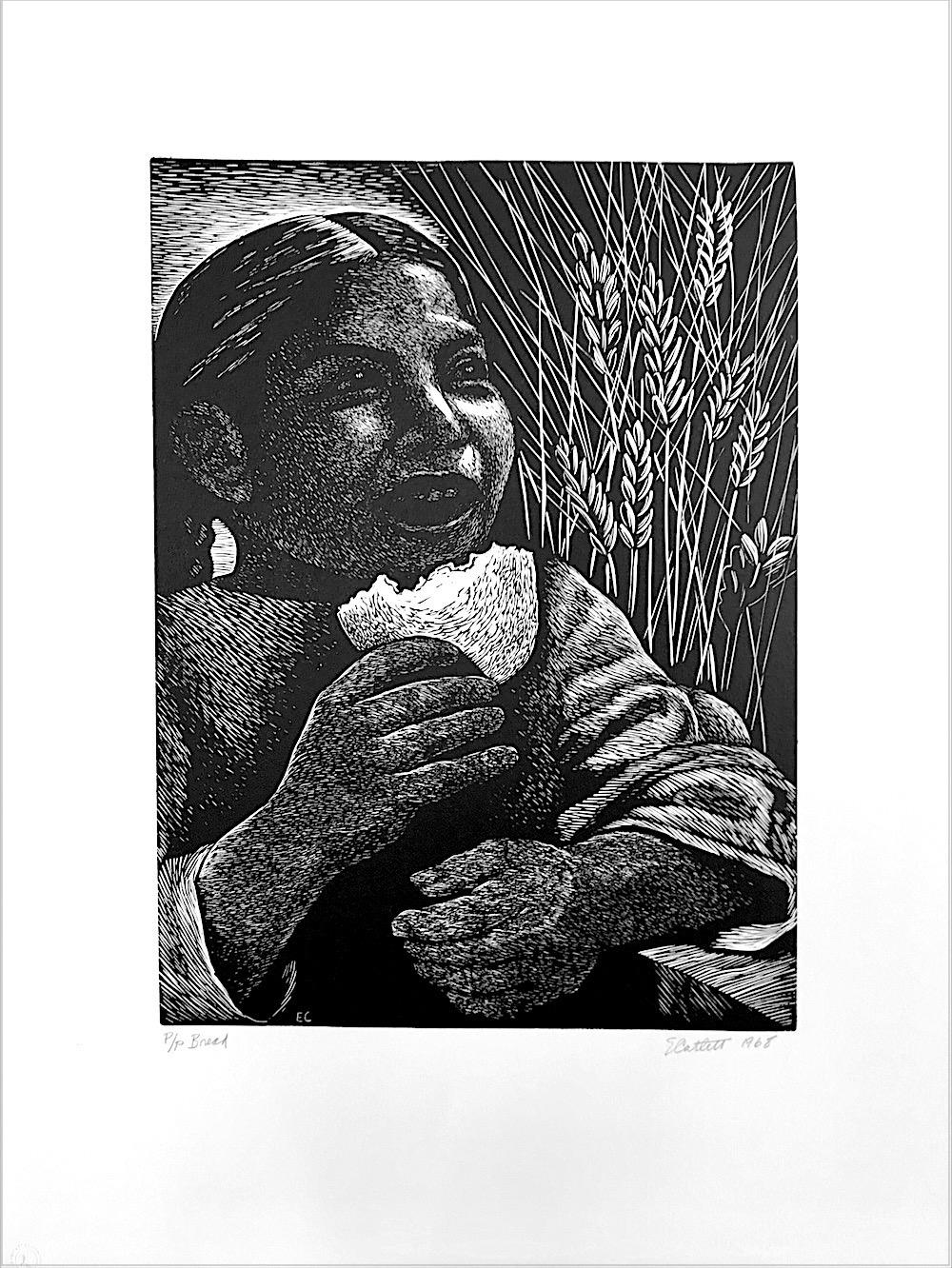 Elizabeth Catlett Figurative Print – BREAD (Derecho Alimentarse) Signiert Linocut, mexikanisches Mädchen mit geflochtenem Haar, BREAD