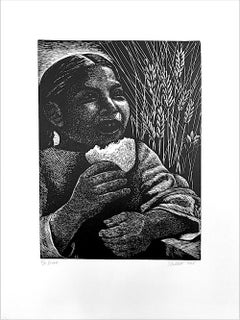 BREAD Signed Linocut, Black and White Portrait, Mexican Girl Braided Hair