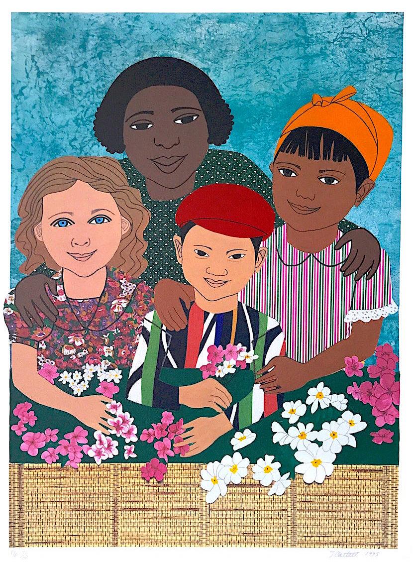 CHILDREN WITH FLOWERS Lithographie signée, portrait multiculturel, collage de tissus - Print de Elizabeth Catlett