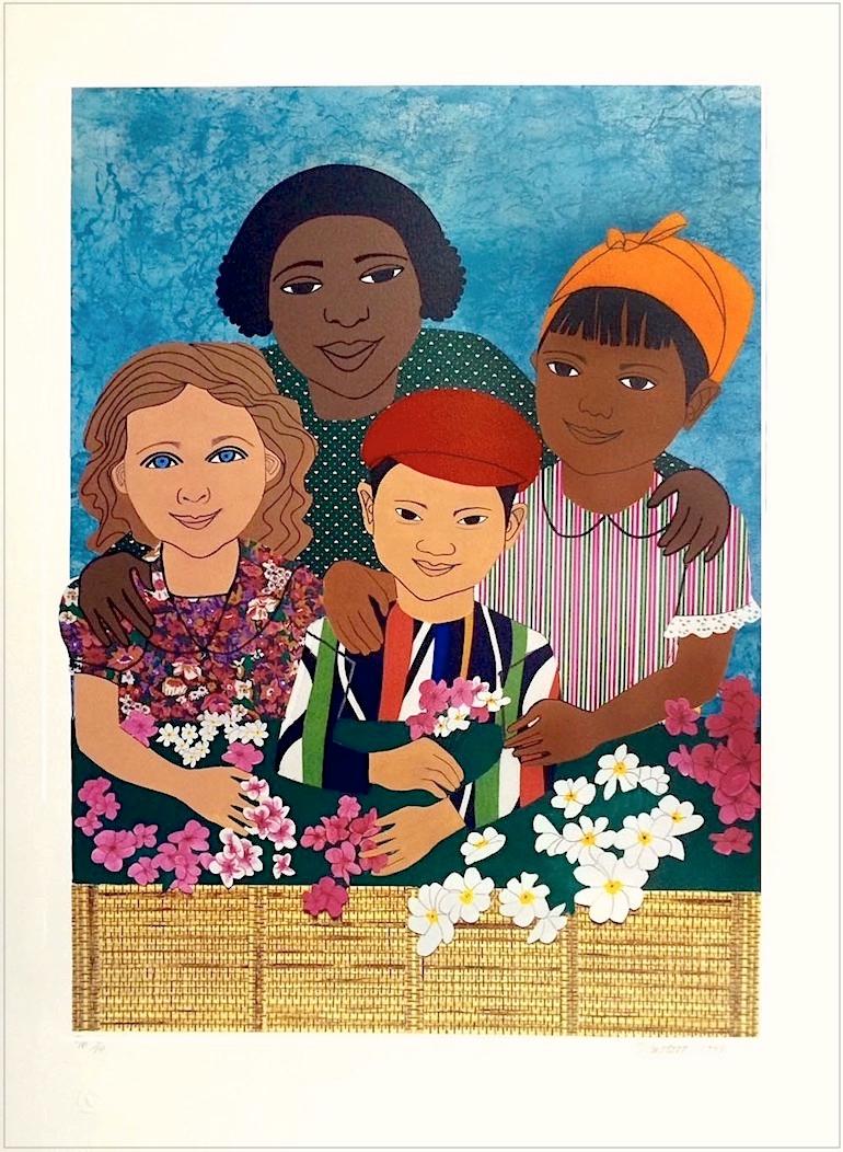 CHILDREN WITH FLOWERS Lithographie signée, portrait multiculturel, collage de tissus - Beige Figurative Print par Elizabeth Catlett