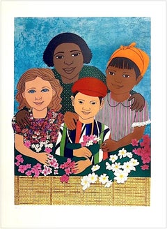 KINDER MIT BLUMEN Signierte Lithographie, Multikulturelles Portrait, Stoff Collage