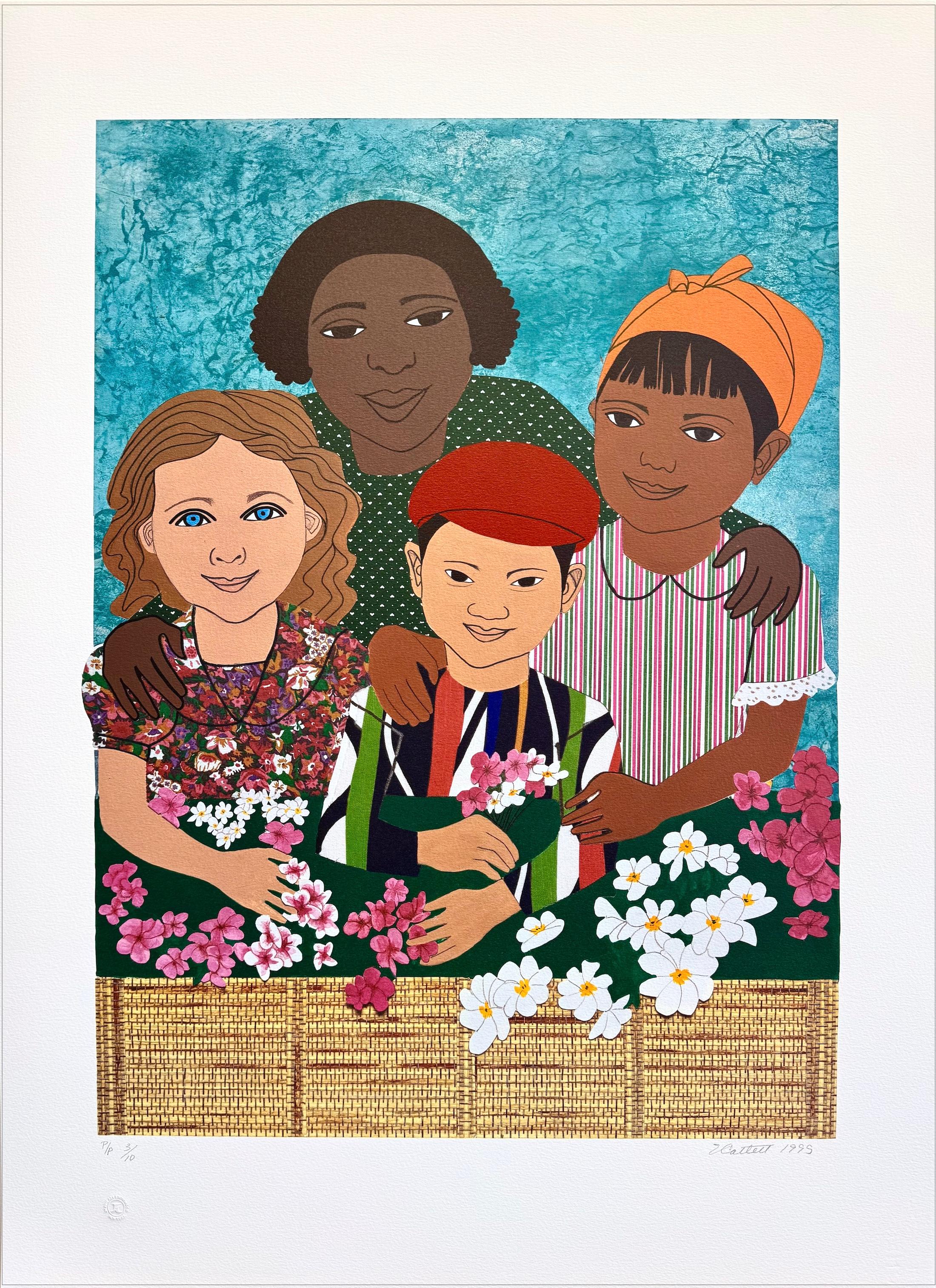 CHILDREN WITH FLOWERS Signed Lithograph, Multicultural Portrait, Smiling Faces