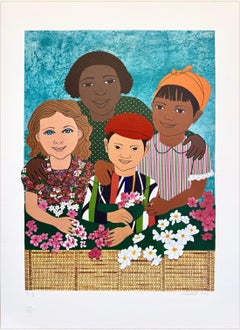 NIÑOS CON FLORES Litografía firmada, Retrato multicultural, Caras sonrientes