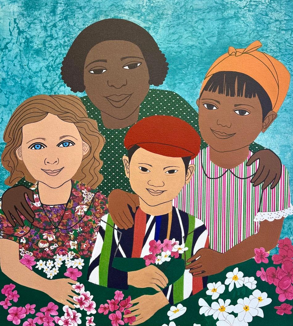 CHILDREN WITH FLOWERS Litografia firmata, ritratto multiculturale, volti sorridenti - Print di Elizabeth Catlett