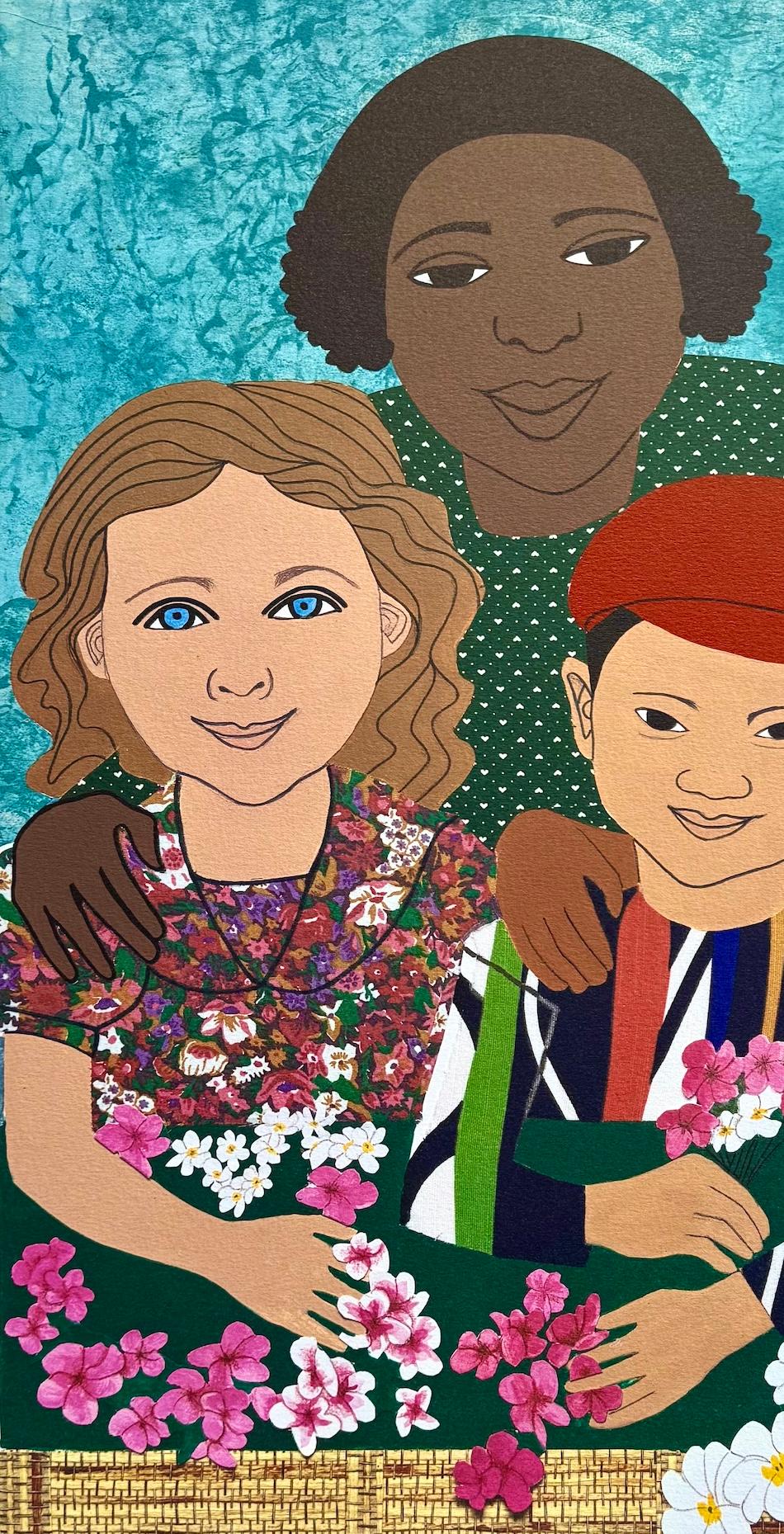 CHILDREN WITH FLOWERS Litografia firmata, ritratto multiculturale, volti sorridenti - Print Contemporaneo di Elizabeth Catlett