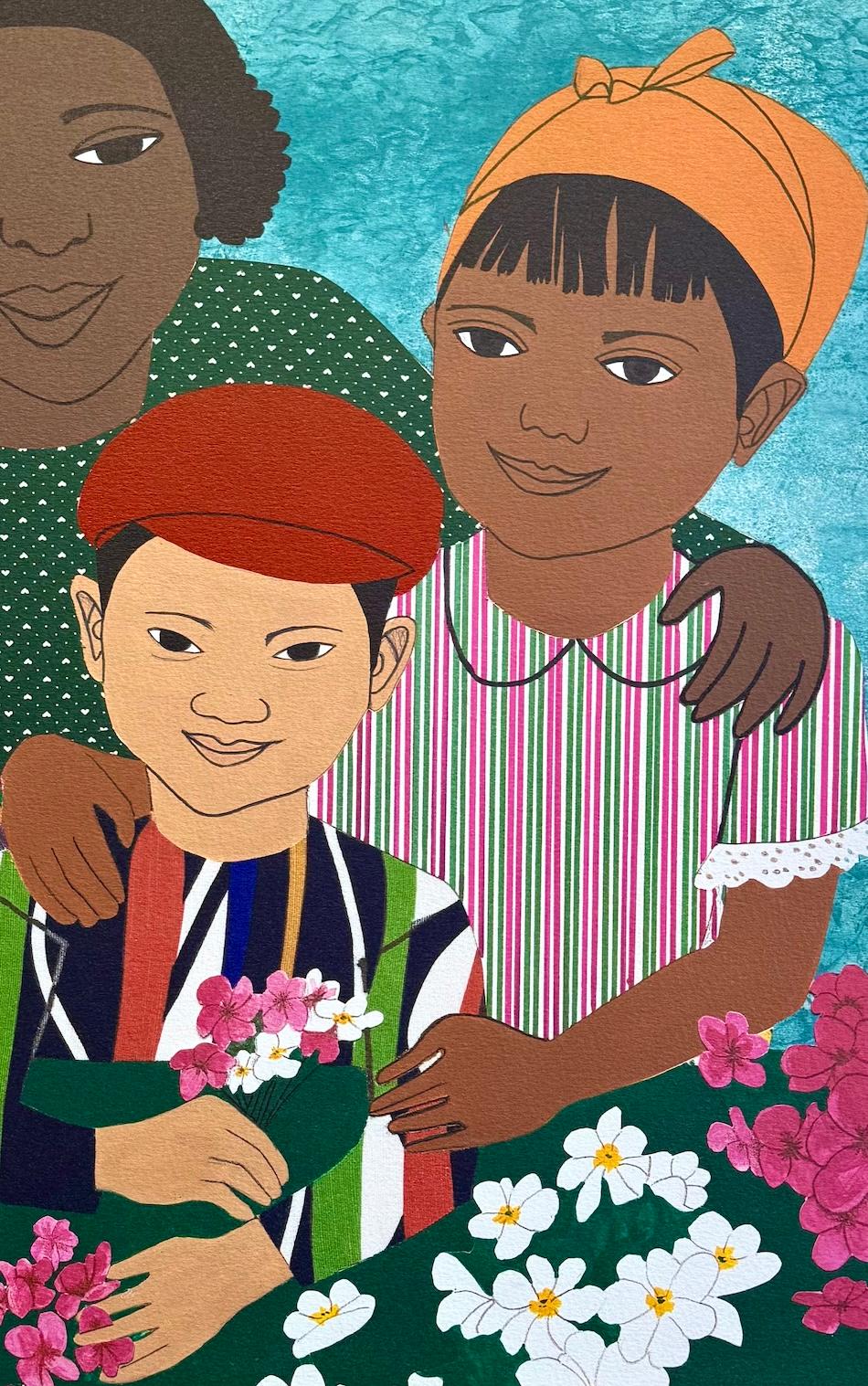 CHILDREN WITH FLOWERS Litografia firmata, ritratto multiculturale, volti sorridenti - Figurative Print Beige di Elizabeth Catlett