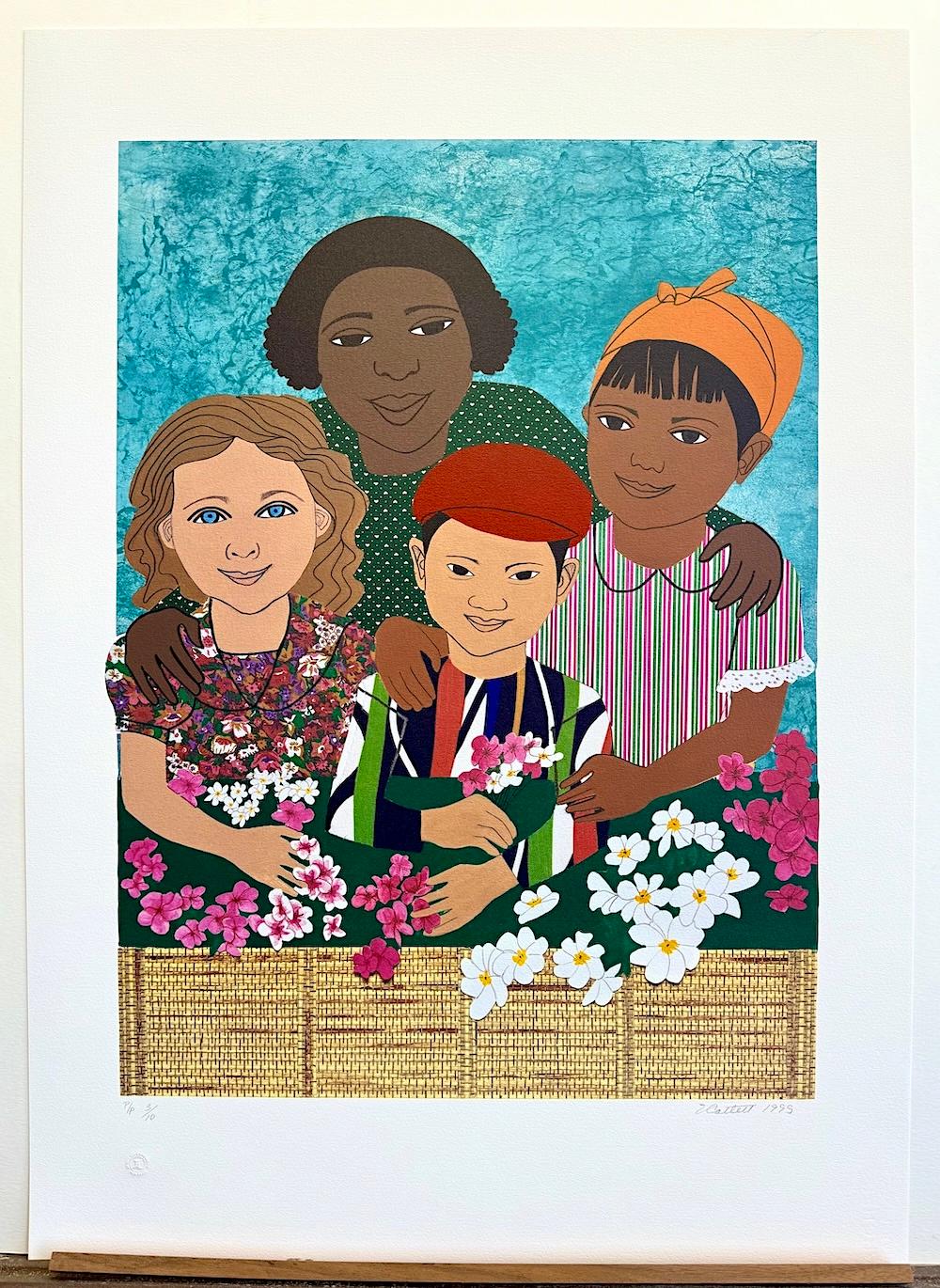 CHILDREN WITH FLOWERS Litografia firmata, ritratto multiculturale, volti sorridenti in vendita 4