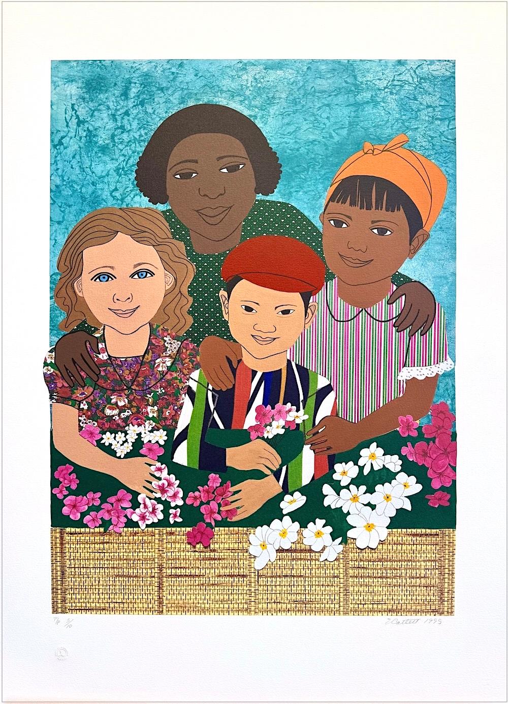 NIÑOS CON FLORES Litografía firmada, Retrato multicultural, Caras sonrientes