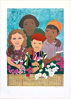 CHILDREN WITH FLOWERS Litografia firmata, ritratto multiculturale, volti sorridenti