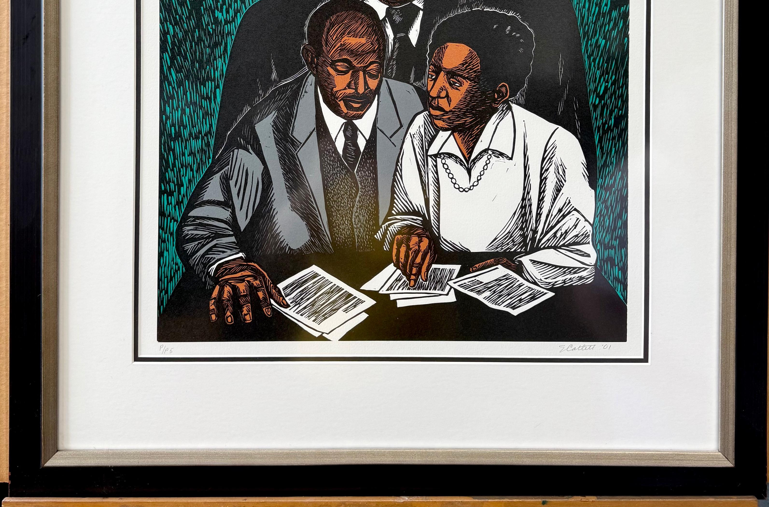 CRUSADERS FOR JUSTICE is a hand pulled original limited edition relief print created using linocut printmaking techniques on white archival heavyweight  paper, 100% acid free. Hand signed in pencil by Ms. Catlett on the lower margin, embossed with