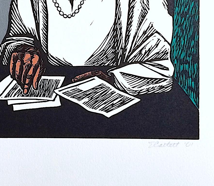 CRUSADERS FOR JUSTICE is a hand pulled original limited edition relief print created using linocut printmaking techniques on white archival heavyweight  paper, 100% acid free. Pencil signed by Ms. Catlett on the lower margin, embossed with printers