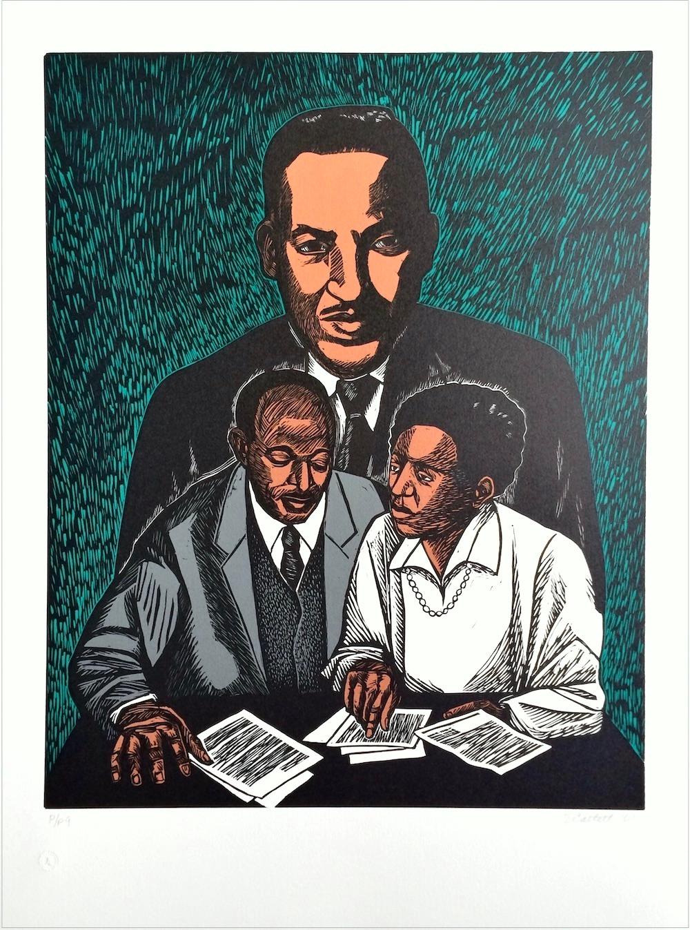 CRUSADERS FOR JUSTICE signé Linocut, portrait de Thurgood Marshall, droits civiques