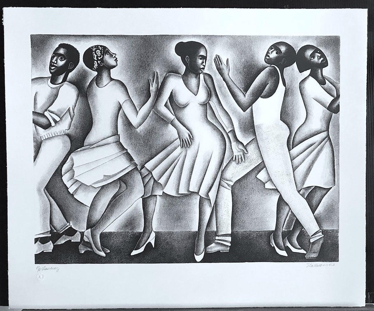 DANCING II is an original limited edition lithograph printed in black ink on white archival printmaking paper using hand lithography techniques, hand deckled print edges, embossed with printers chop mark lower left. Lively Black and White portrait