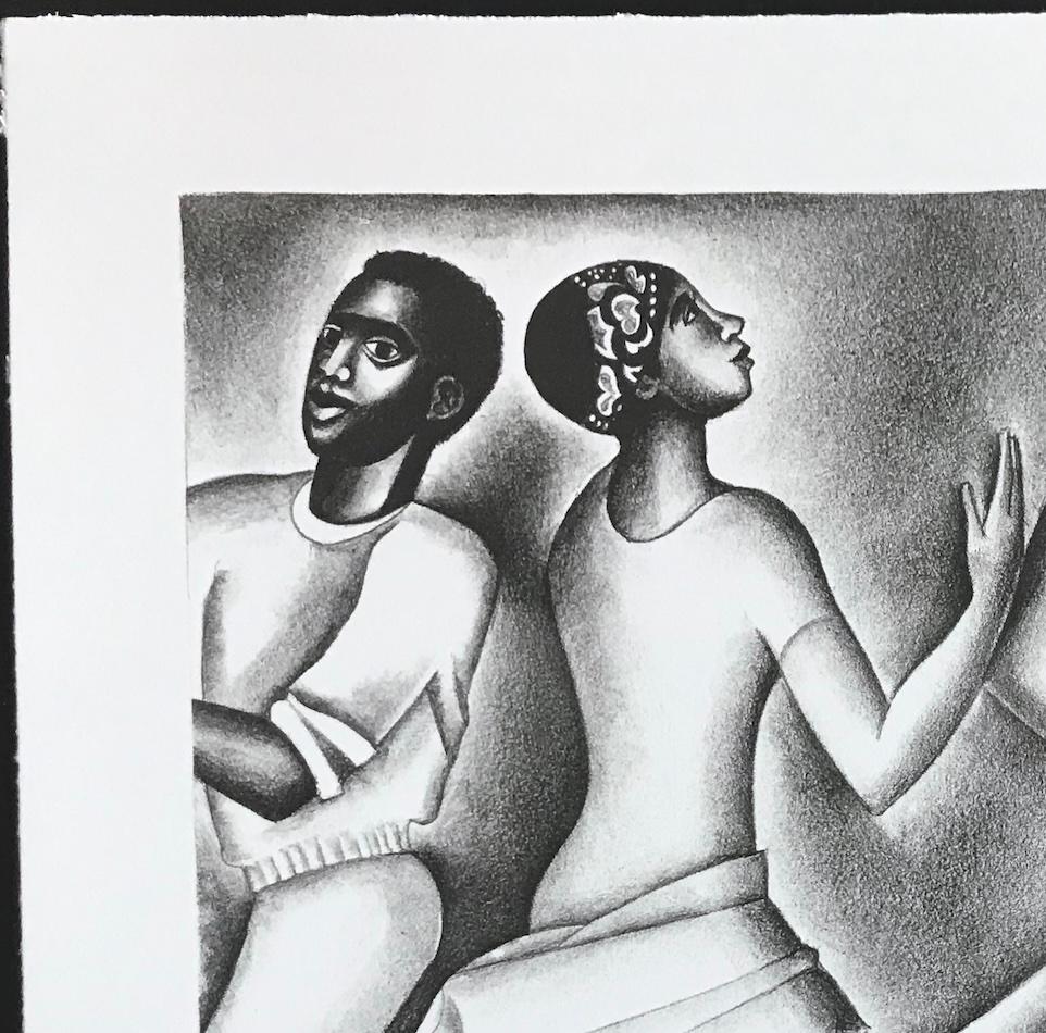 DANCING II è una litografia originale in edizione limitata stampata con inchiostro nero su carta da stampa d'archivio bianca, 100% priva di acidi, utilizzando tecniche di litografia a mano, bordi della stampa decorati a mano, con il marchio della