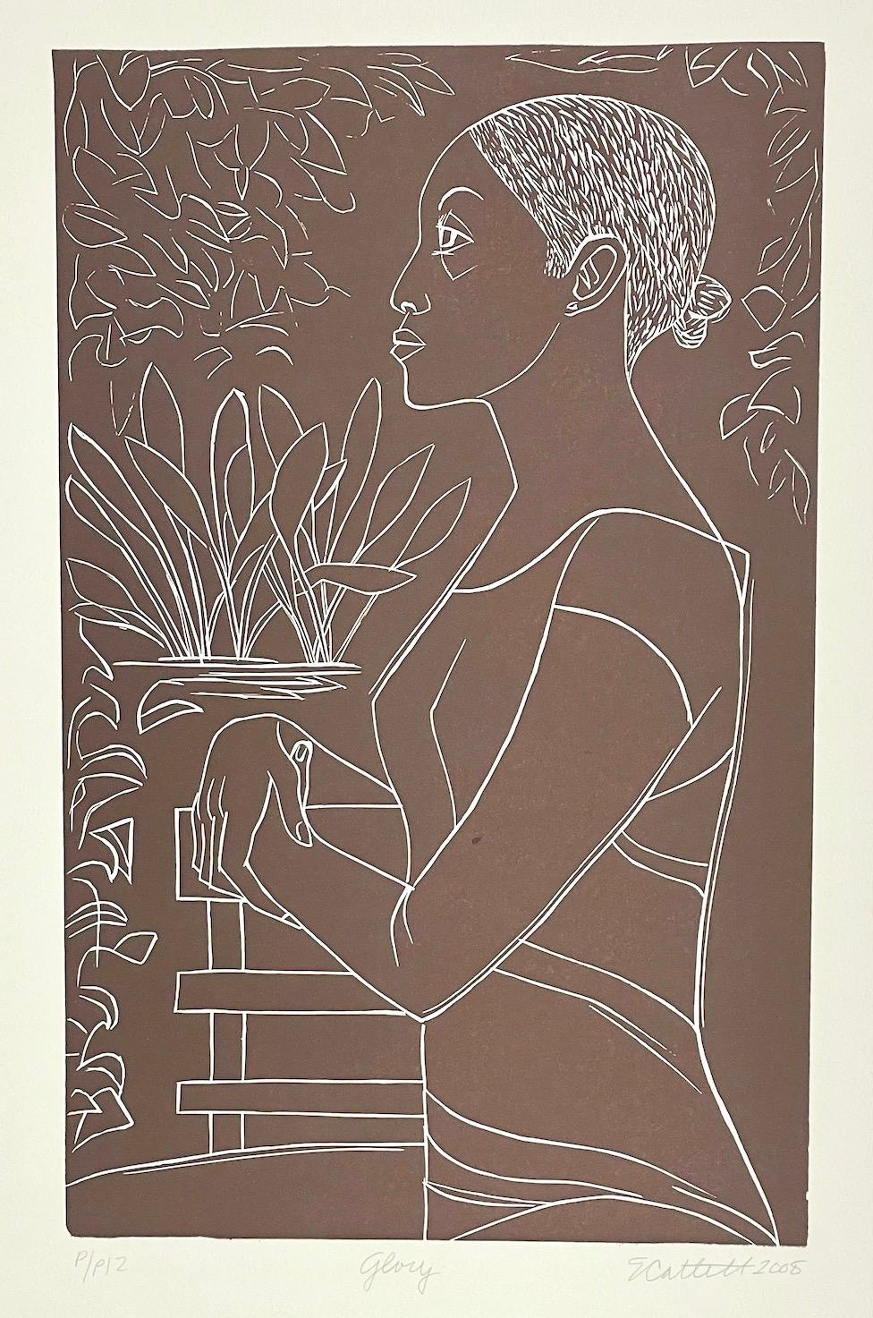 Elizabeth Catlett Portrait Print - GLORY Signed Linocut, Black Woman Portrait, White Line Drawing, Brown Taupe