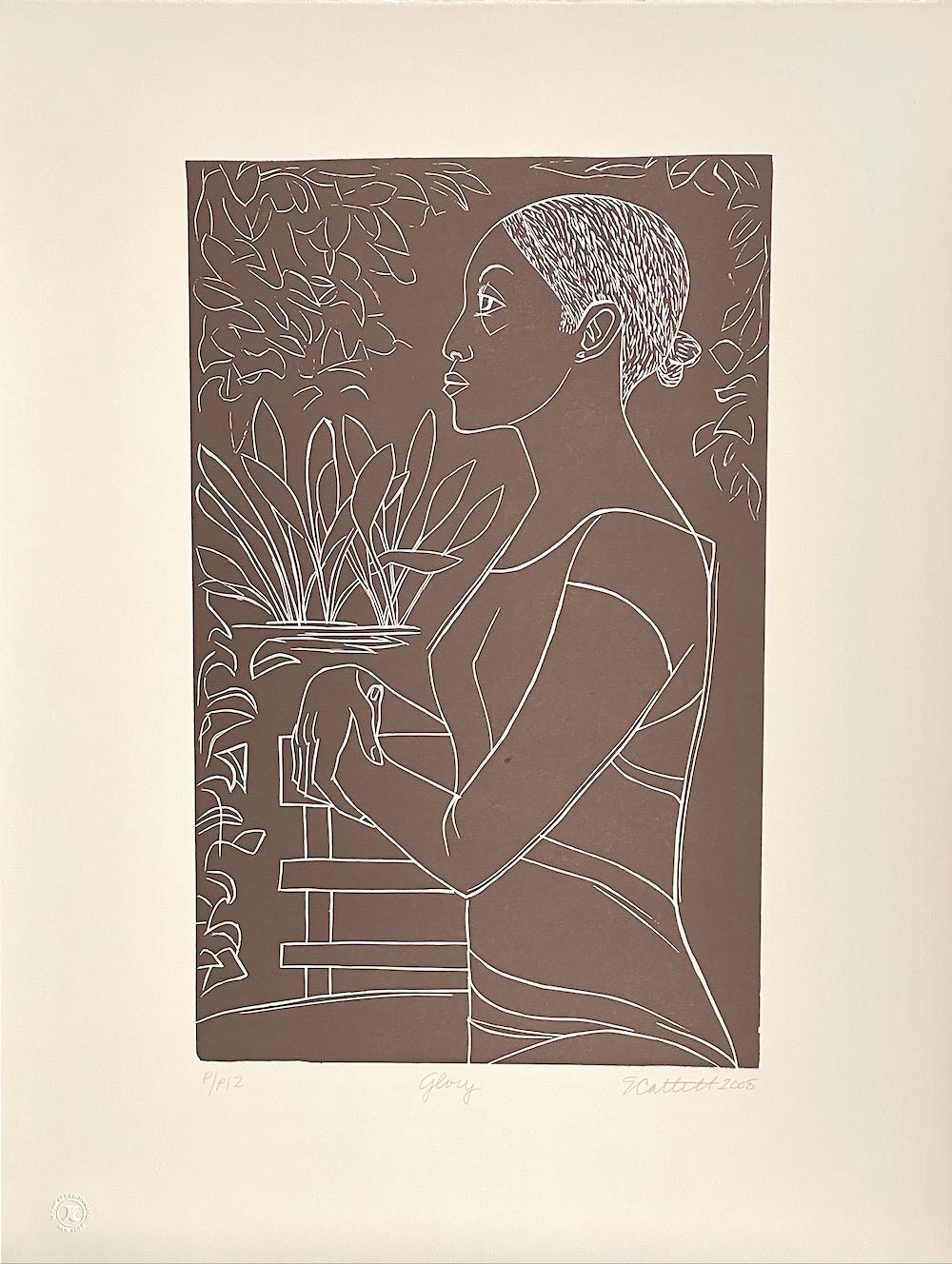 GLORY Signed Linocut, Black Woman Portrait, White Line Drawing, Brown Taupe - Print by Elizabeth Catlett