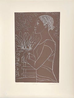 GLORY Signed Linocut, Black Woman Portrait, White Line Drawing, Brown Taupe