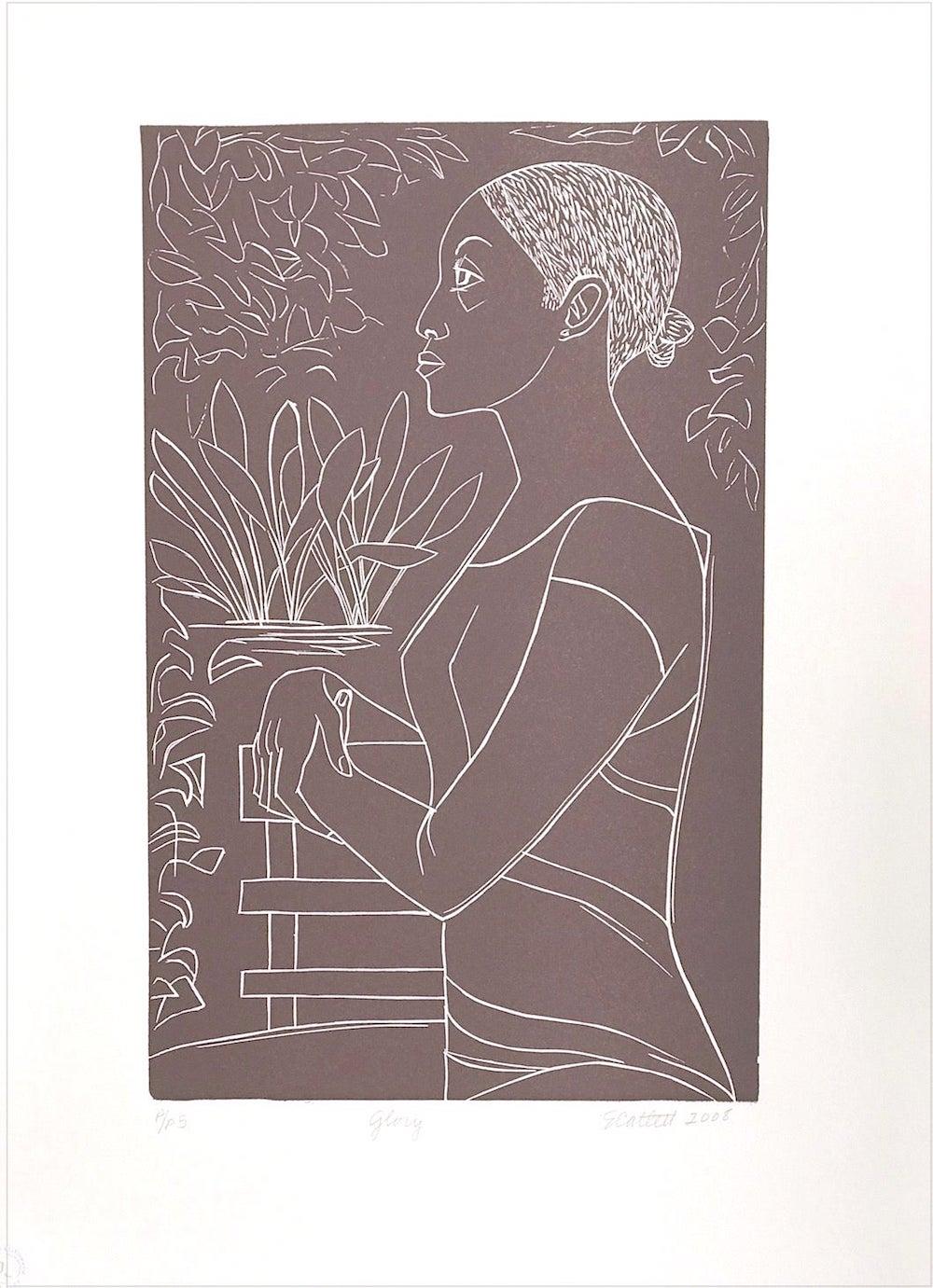 Elizabeth Catlett Interior Print - GLORY Hand Cut Linoleum Print, White Line Portrait, Female Profile, Taupe Brown
