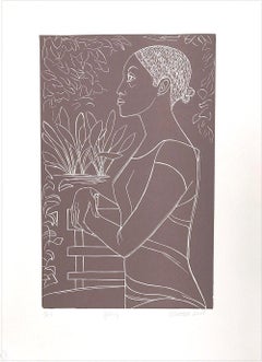 GLORY Handgeschliffener Linoleumdruck:: weißes Linienporträt:: weibliches Profil:: Taupebraun
