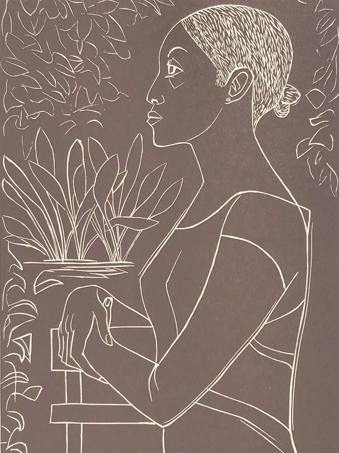 GLORY Hand Cut Linoleum Print, White Line Portrait, Female Profile, Taupe Brown - Gray Portrait Print by Elizabeth Catlett