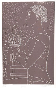 GLORY Hand Cut Linoleum Print, White Line Portrait, Female Profile, Taupe Brown