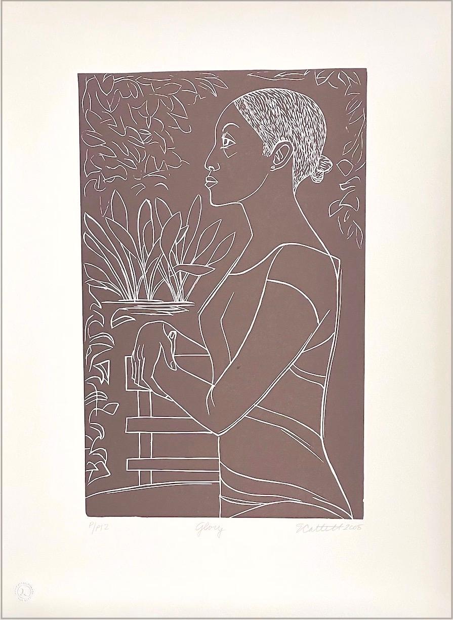 Portrait Print Elizabeth Catlett - Portrait de femme poétique noire, dessin au trait blanc, signé GLORY, Linocut