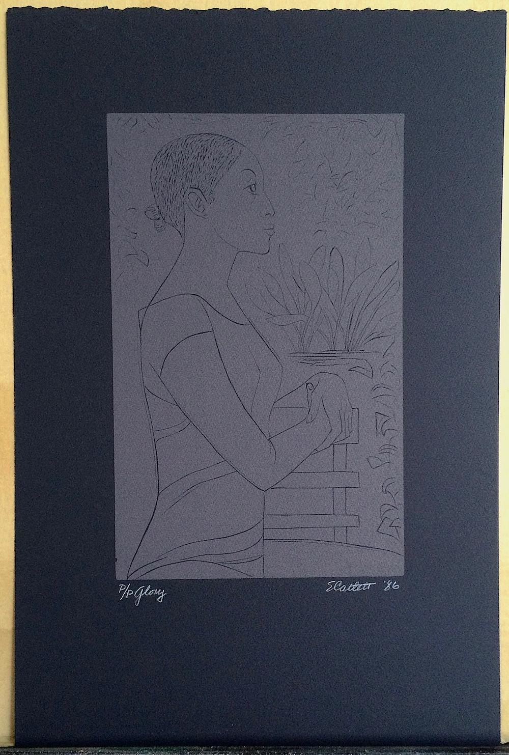 GLORIA Linograbado firmado sobre arcos negros, Retrato de mujer negra de perfil de pie en venta 3