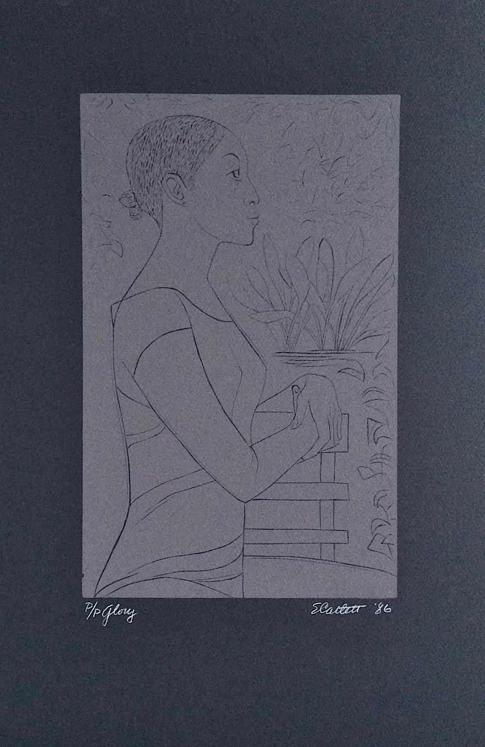 Interior Print de Elizabeth Catlett - GLORIA Linograbado firmado sobre arcos negros, Retrato de mujer negra de perfil de pie