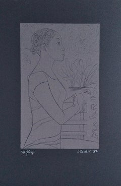 GLORY Signed Linocut on Black Arches, Standing Profile Black Woman Portrait