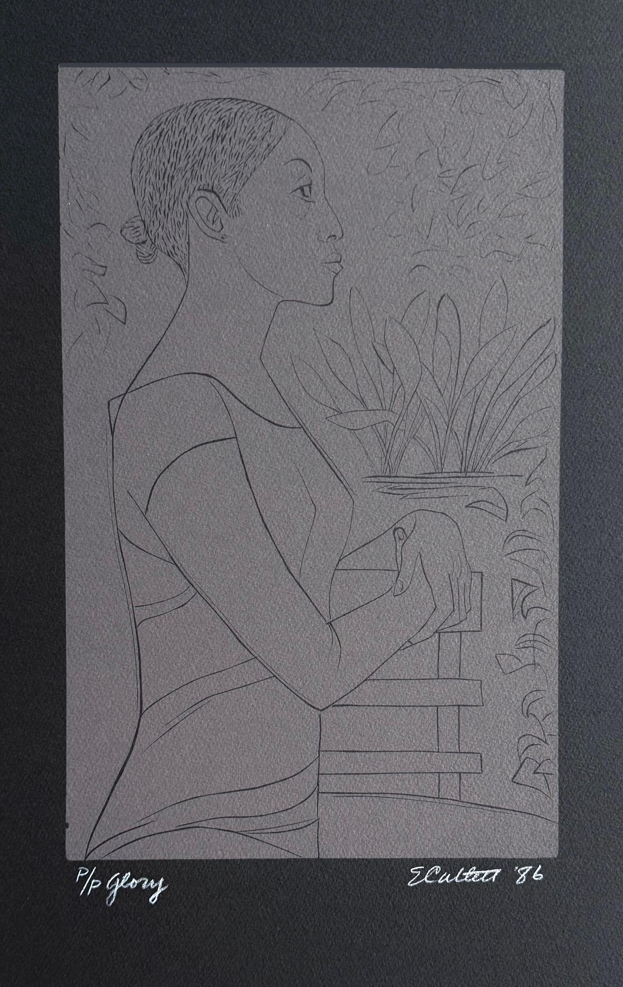 GLORY Signiertes Schwarzes Porträt einer schwarzen Frau im Linolschnitt auf schwarzen Bogen, stehendes Profil