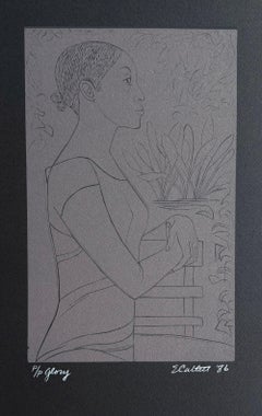 GLORY Signiertes Schwarzes Porträt einer schwarzen Frau im Linolschnitt auf schwarzen Bogen, stehendes Profil