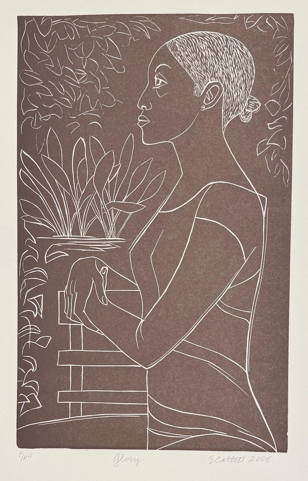 GLORIA Linograbado Firmado, Topo Opaco, Papel Topo, Retrato de Perfil Mujer Negra - Print de Elizabeth Catlett
