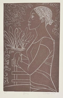 GLORIA Linocut firmata, colore grigio opaco, carta di bufala, ritratto di profilo di donna nera