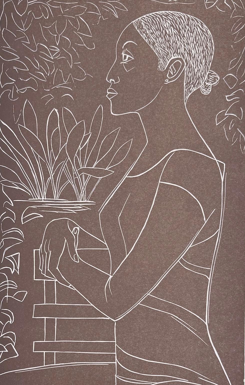 GLORIA Linograbado Firmado, Topo Opaco, Papel Topo, Retrato de Perfil Mujer Negra - Print Contemporáneo de Elizabeth Catlett