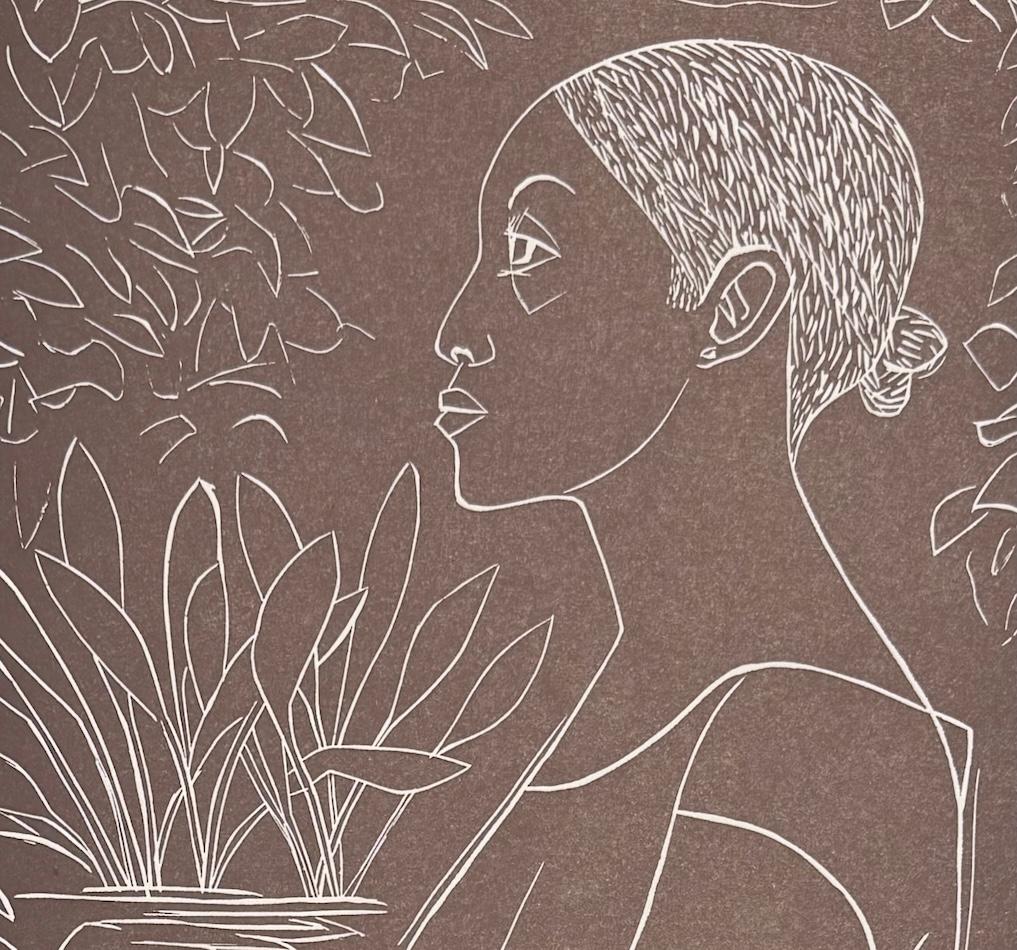 GLORIA Linograbado Firmado, Topo Opaco, Papel Topo, Retrato de Perfil Mujer Negra - Interior Print Beige de Elizabeth Catlett