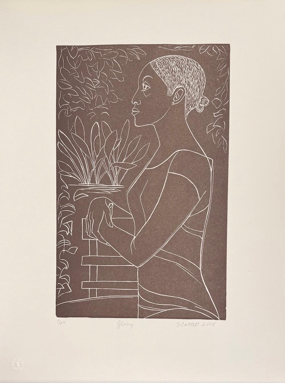 GLORIA Linocut firmata, colore grigio opaco, carta di bufala, ritratto di profilo di donna nera