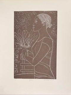 GLORIA Linocut firmata, colore grigio opaco, carta di bufala, ritratto di profilo di donna nera