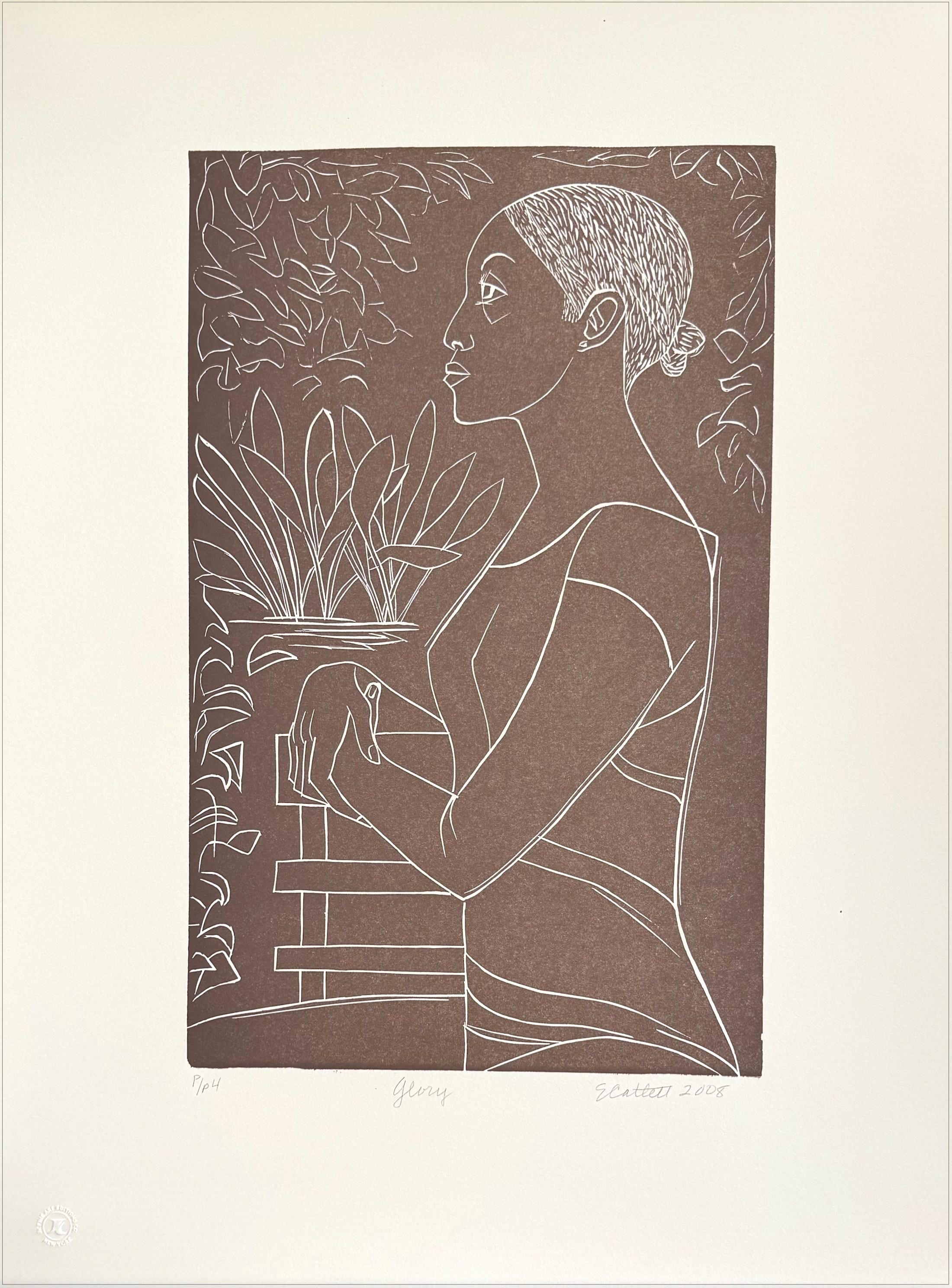 Interior Print Elizabeth Catlett - Linocut signé GLORY, taupe opaque, papier buff, portrait de femme noire de profil