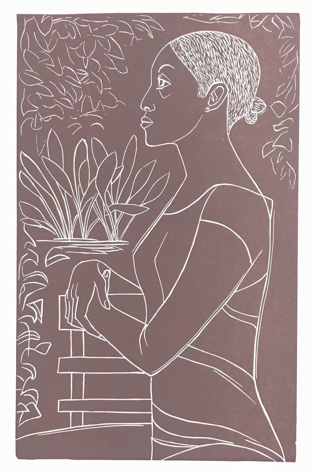 Portrait de femme poétique noire, dessin au trait blanc, signé GLORY, Linocut - Print de Elizabeth Catlett